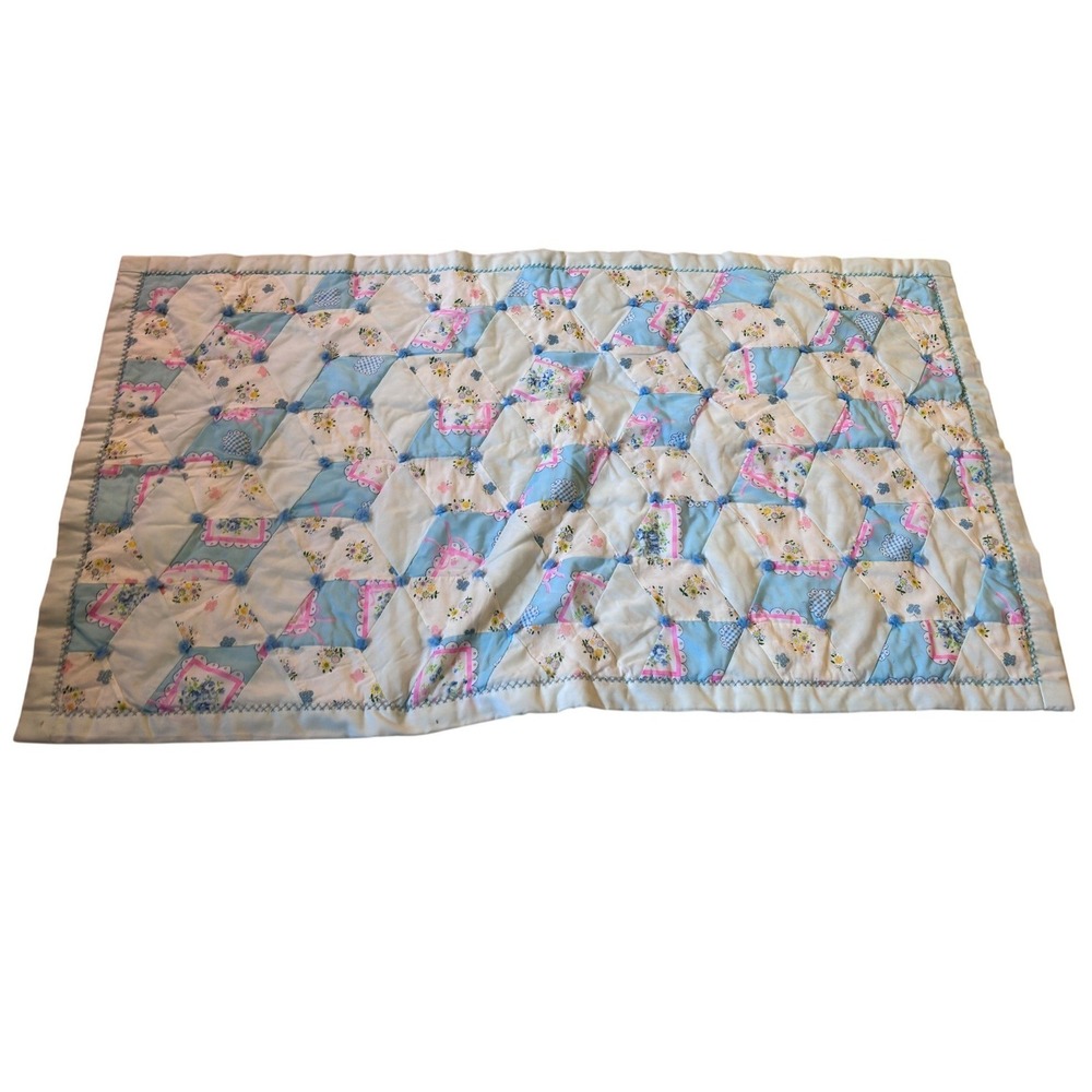 Vintage Handmade Patchwork Baby Quilt Blue Pink Floral Pom‎ Pom Tufted 28x46